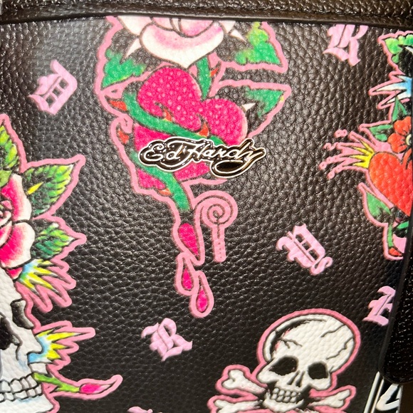 Ed Hardy Black and Pink Skull Floral Satchel - Picture 2 of 14